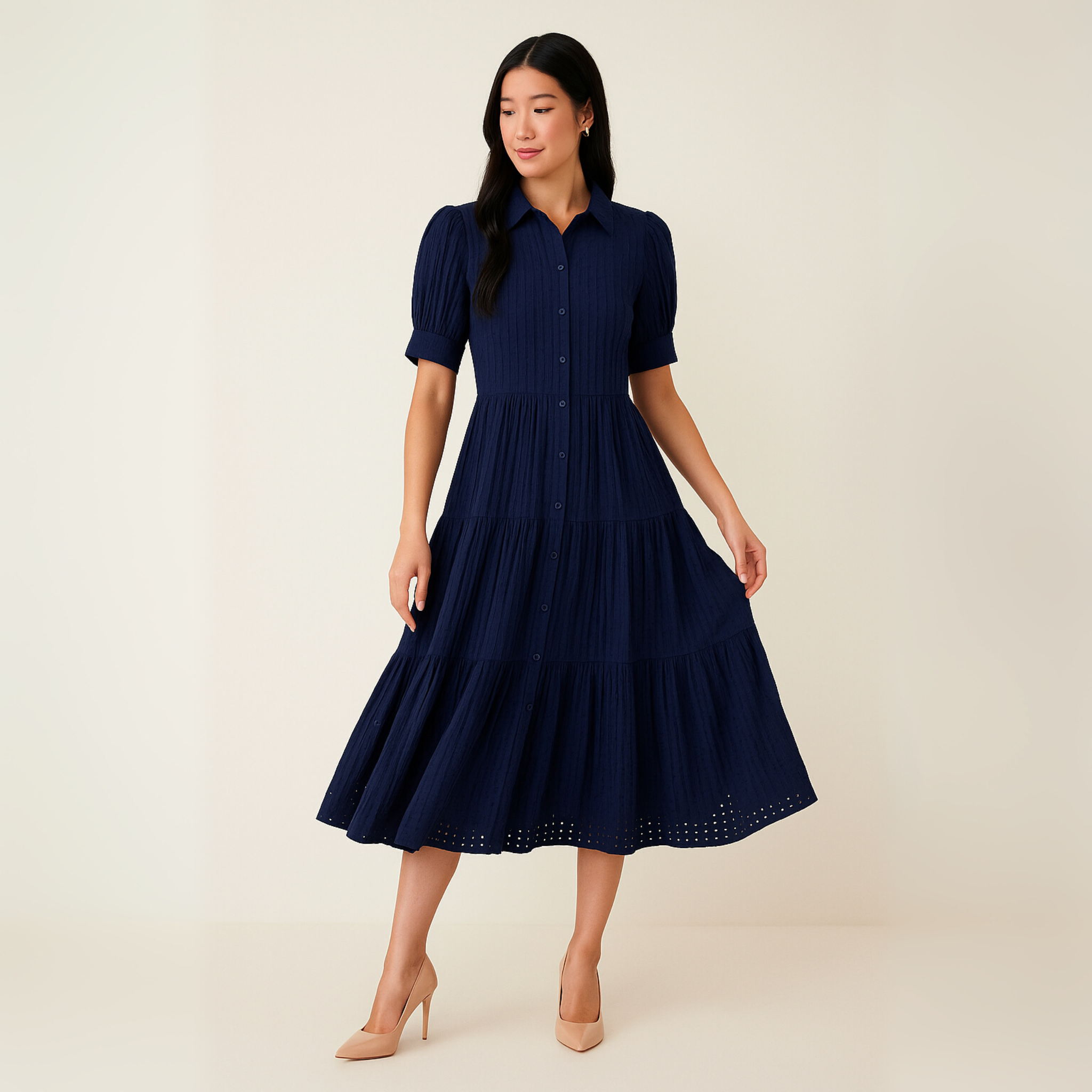 Puff Half Sleeve Button Down Tiered Midi Dress