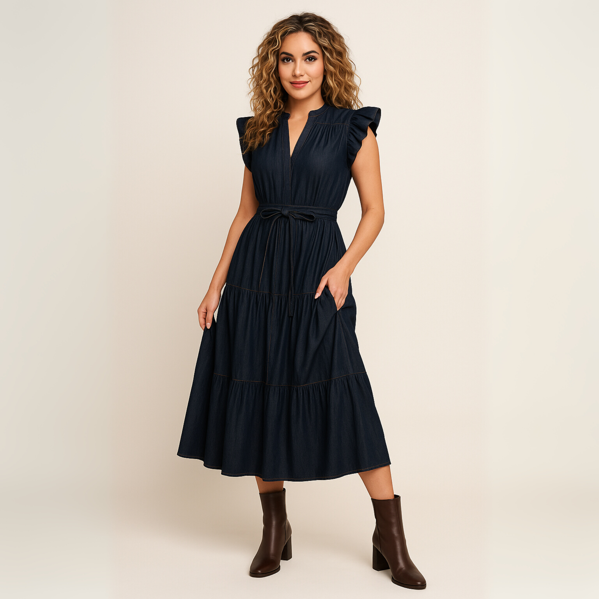 Woman wearing a navy dress with brown boots on a beige background