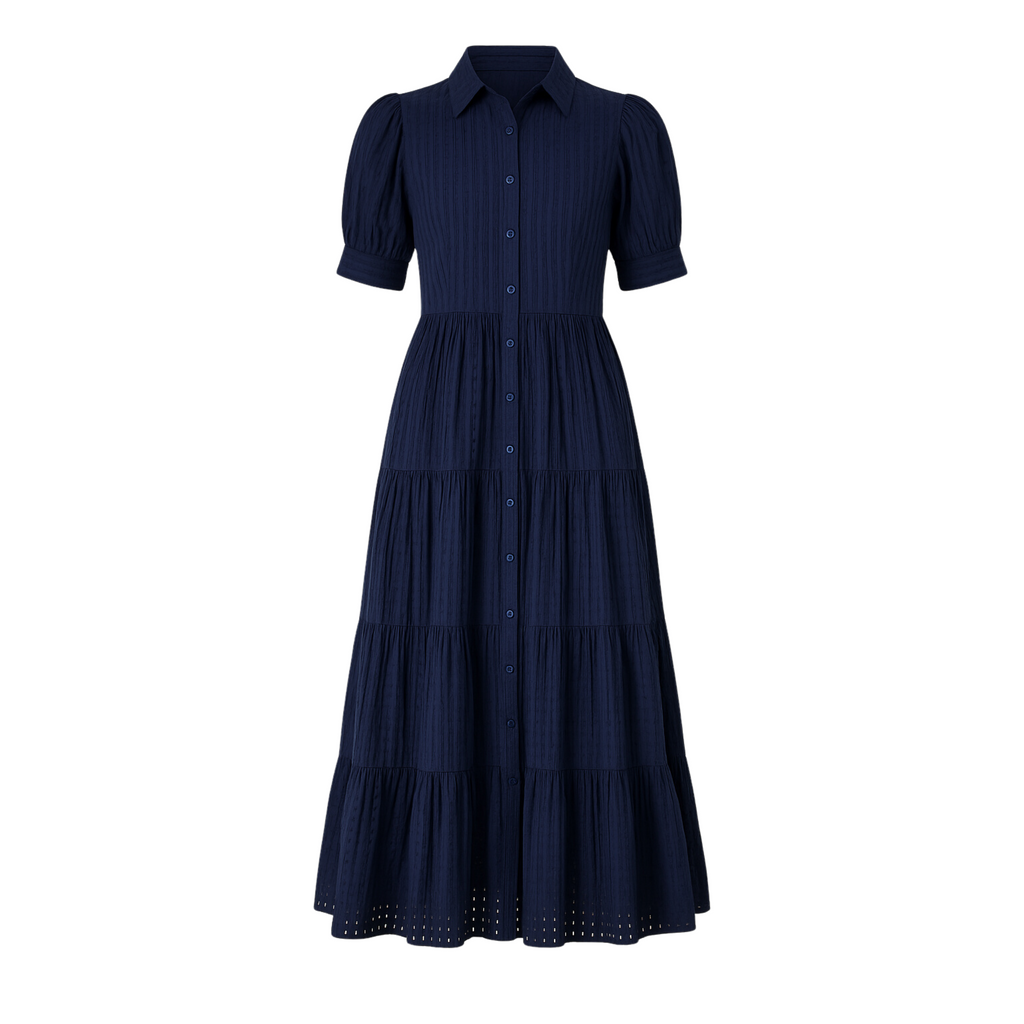 Puff Half Sleeve Button Down Tiered Midi Dress