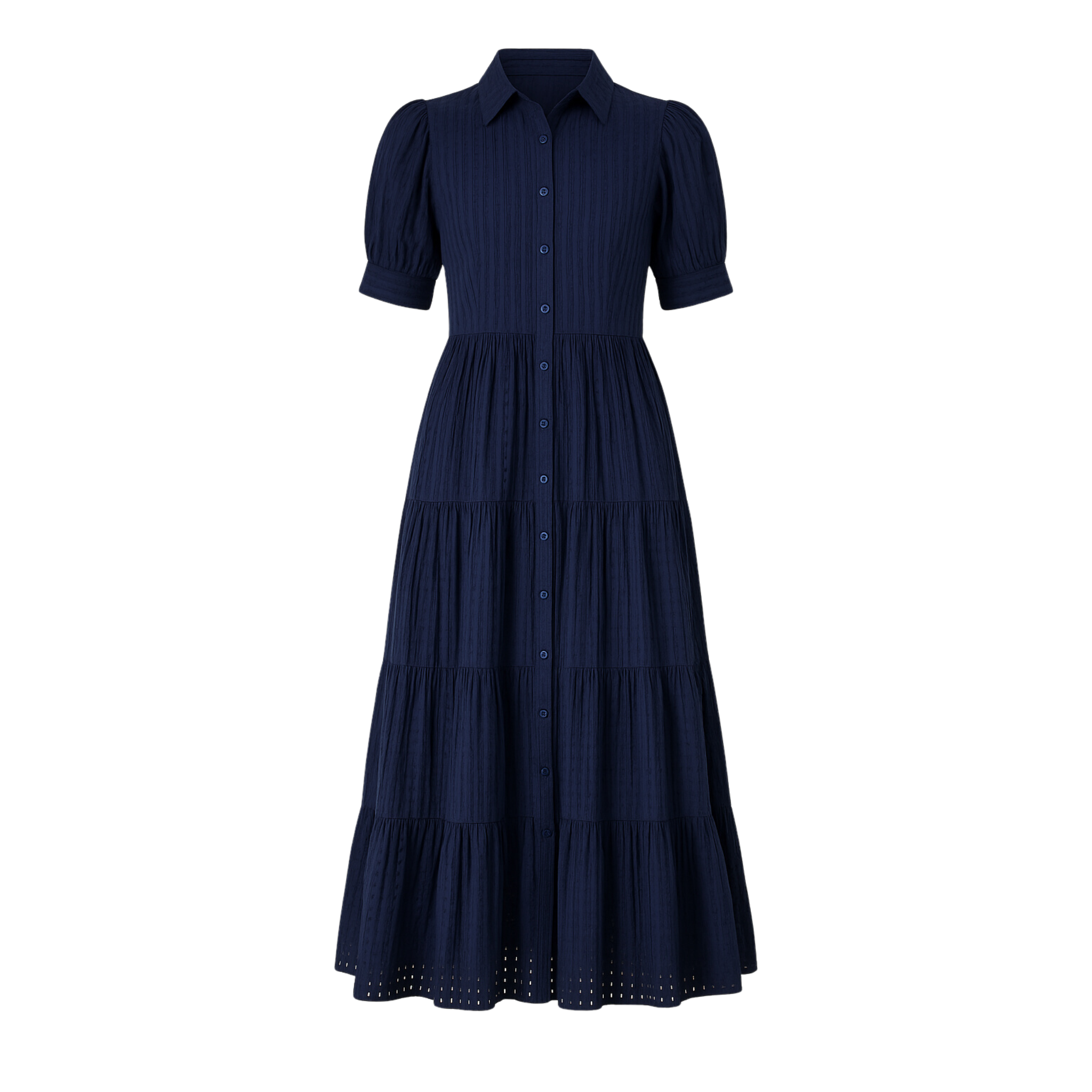 Puff Half Sleeve Button Down Tiered Midi Dress
