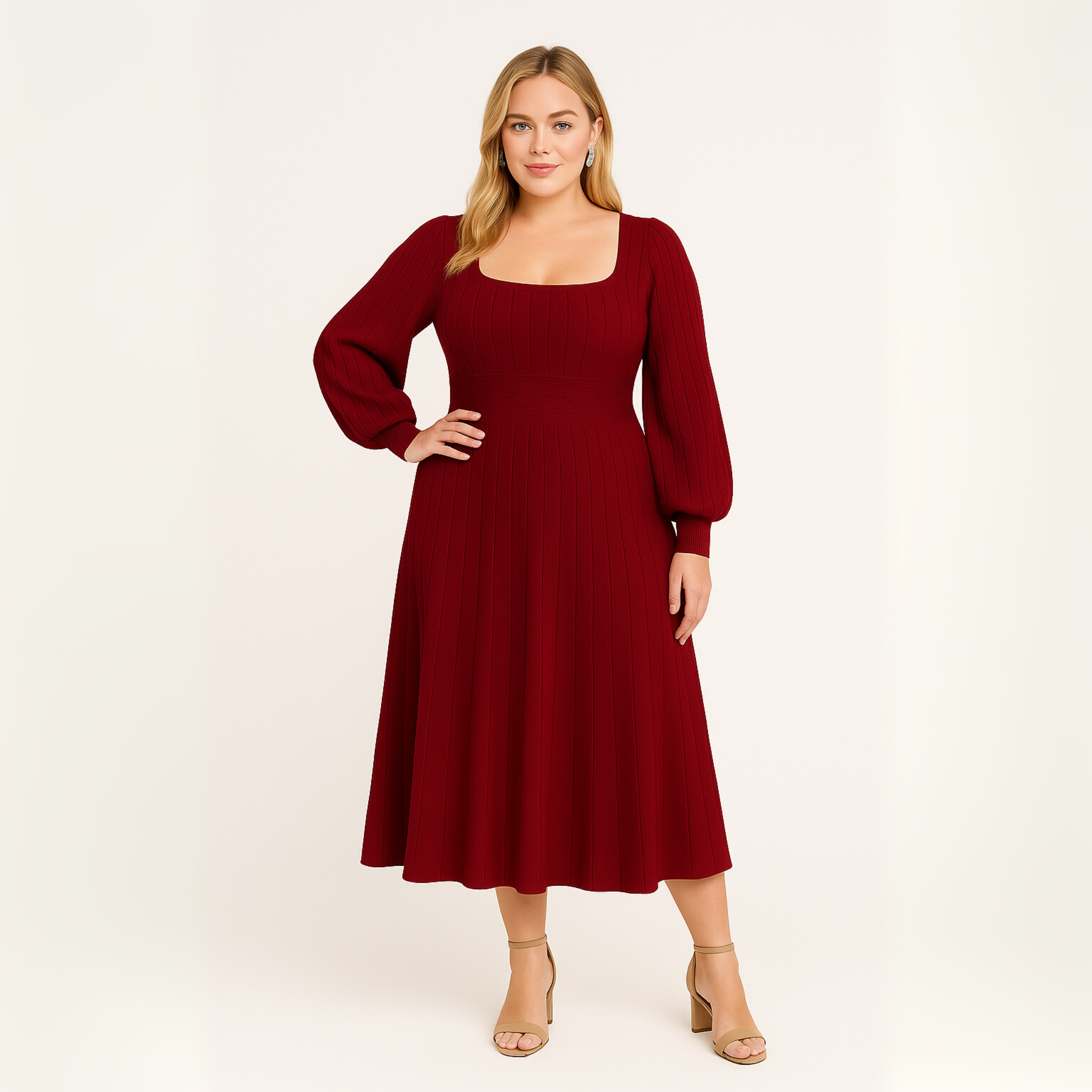 Plus Size Woman wearing a dark red dress with long sleeves for Fall Christmas Holidays Wedding Guest Church Work Formal Event Modest