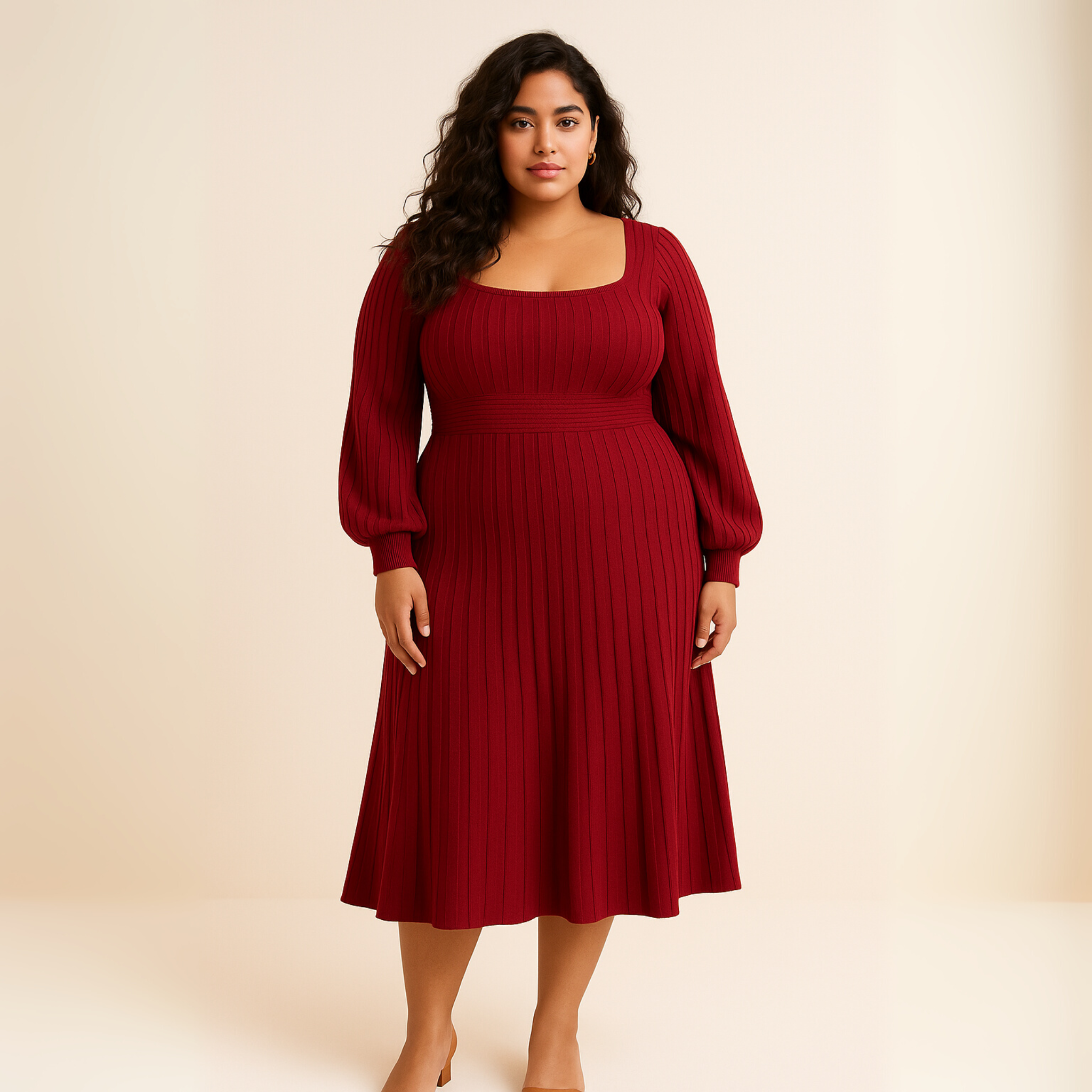 Plus Size Woman wearing a red dress Chic Modest Wedding Guest Church Midi Dress Cute Elegant Winter Christmas