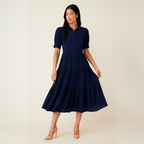 Puff Half Sleeve Button Down Tiered Midi Dress