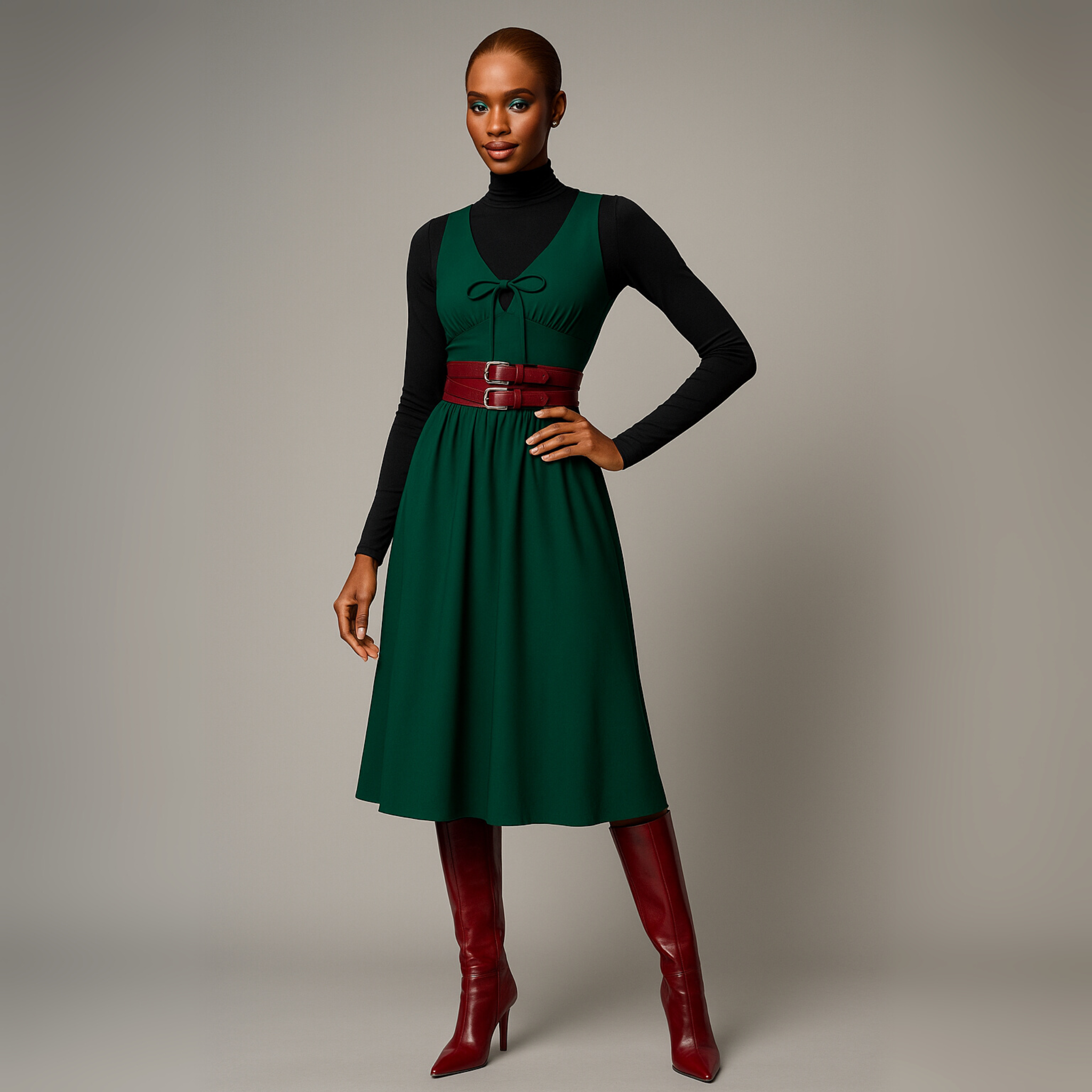 V-Neck Front Tied Fit & Flare Midi Dress