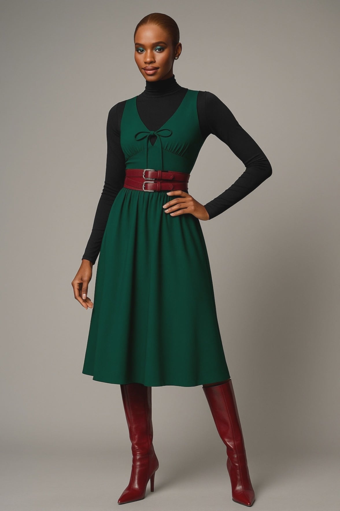 V-Neck Front Tied Fit & Flare Midi Dress