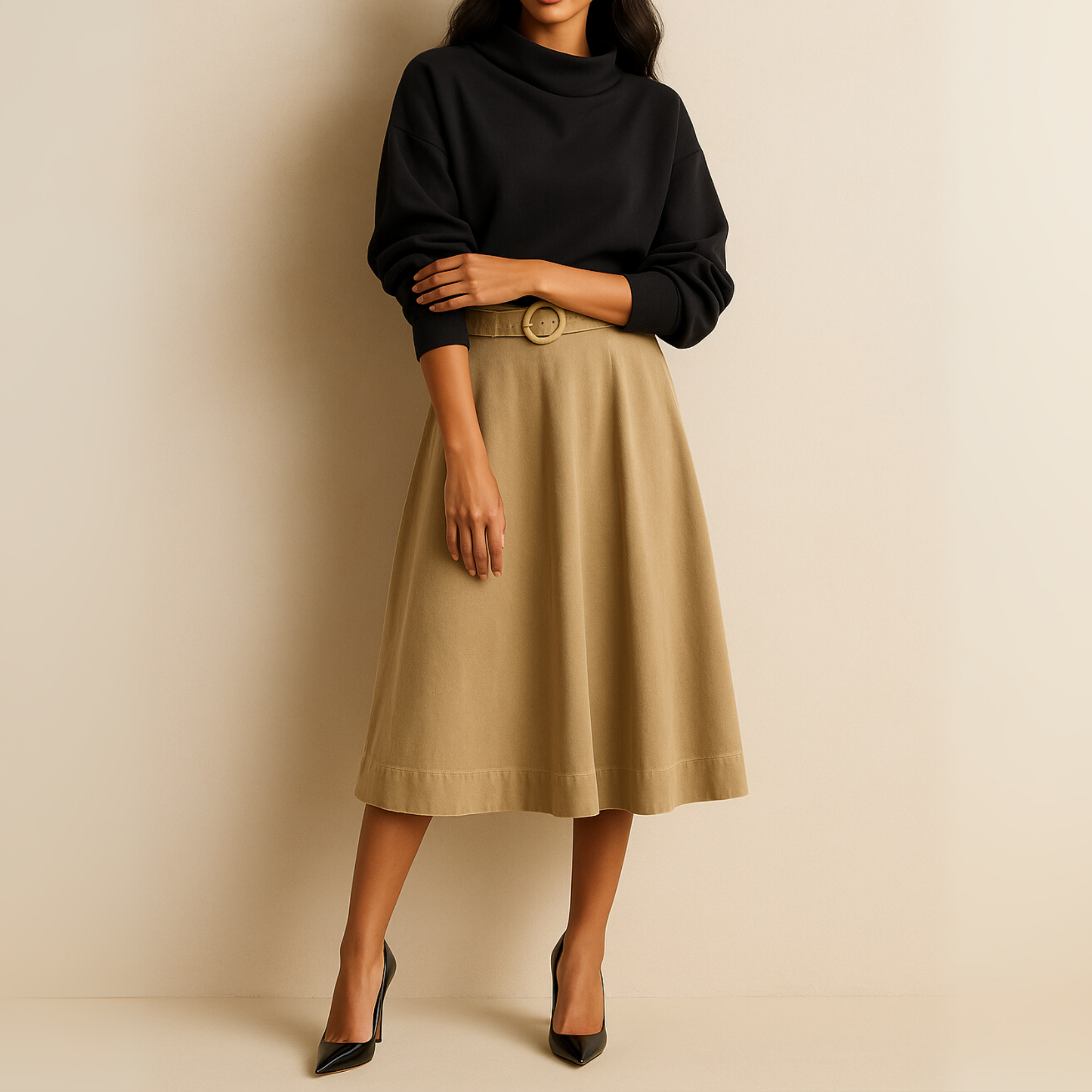 Twill Belted Midi Skirt