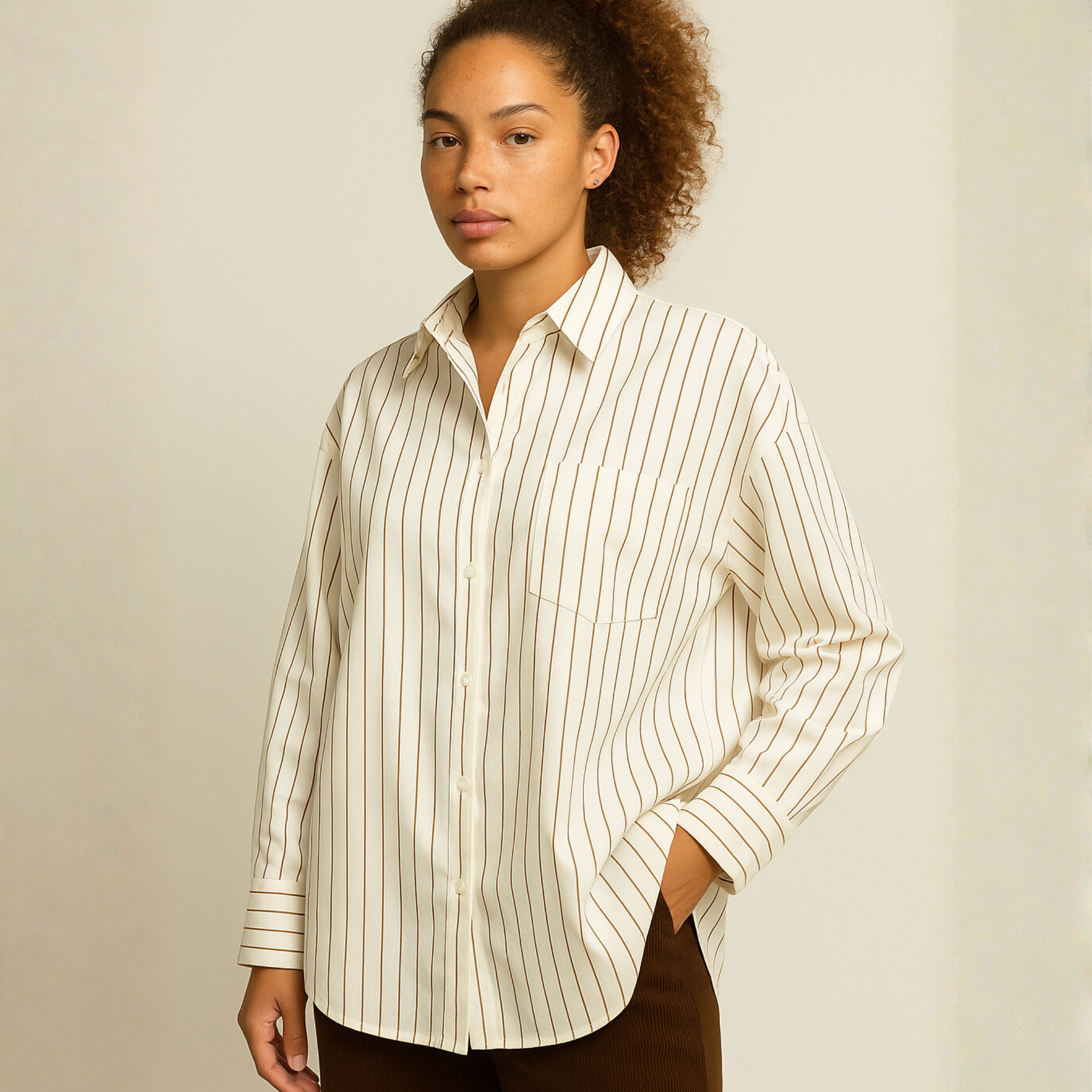 Brown Stripe Oversized Button-Down Shirt