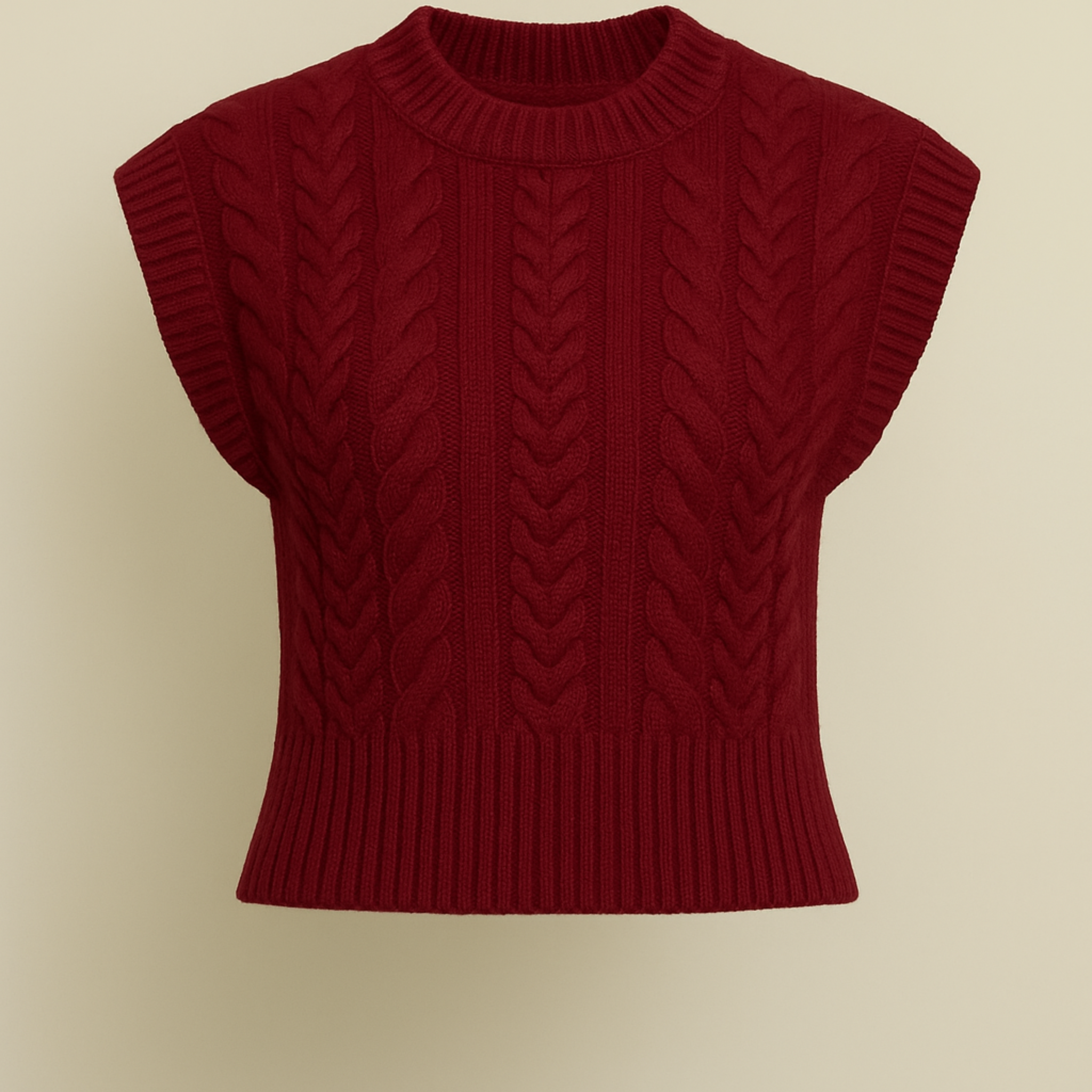 Woman wearing a burgundy cable knit sleeveless sweater vest with ribbed hem