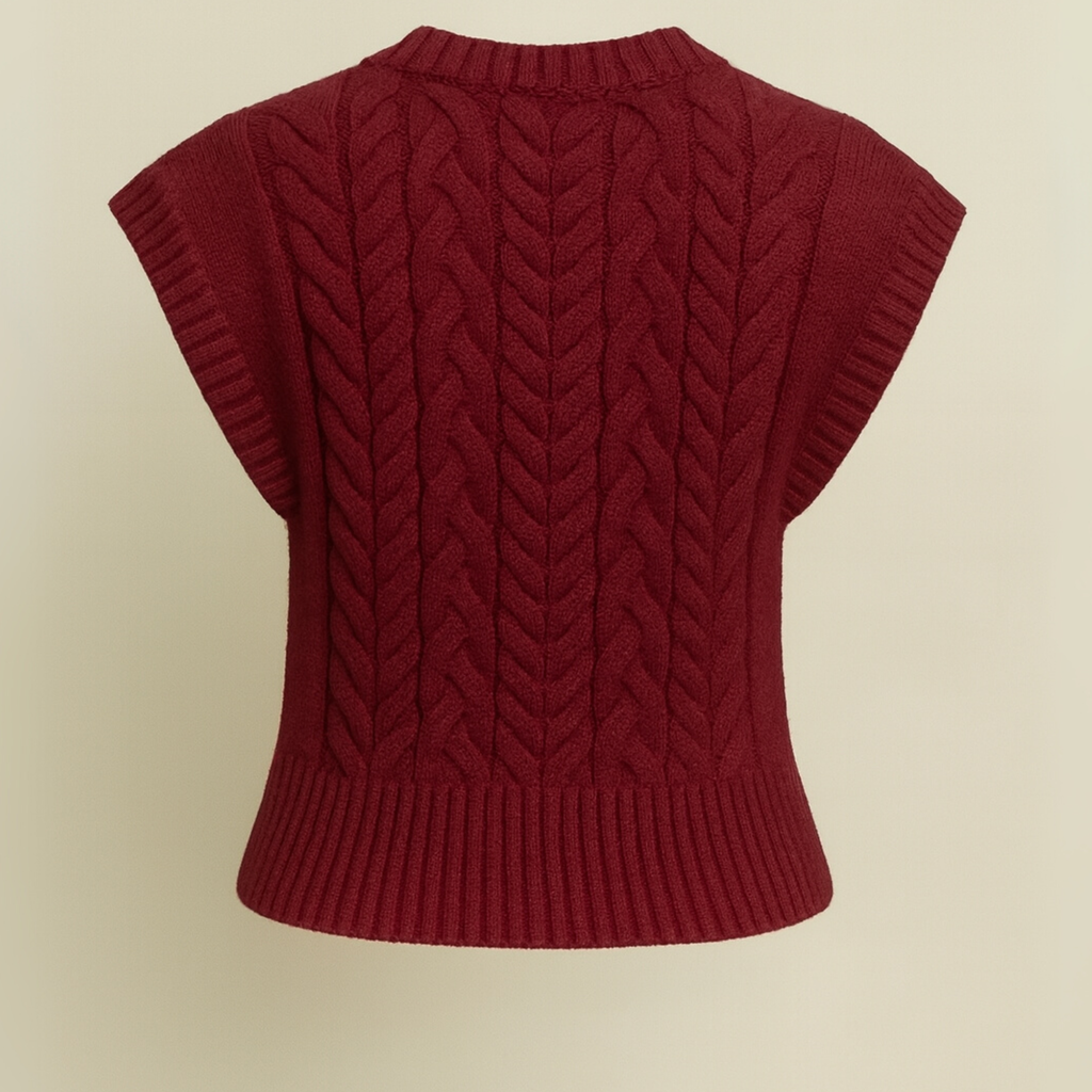 Back view of burgundy cable knit cropped sweater vest showing cable texture and ribbed finish